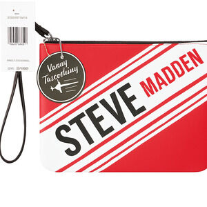 Steve Madden Vacay Take-Away Logo Pouch Red White Flat Clutch Wristlet Travel Ba